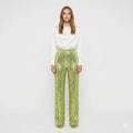 Women's sequin straight-leg party pants for women in chartreuse green with high-waist silhouette and full sequin finish