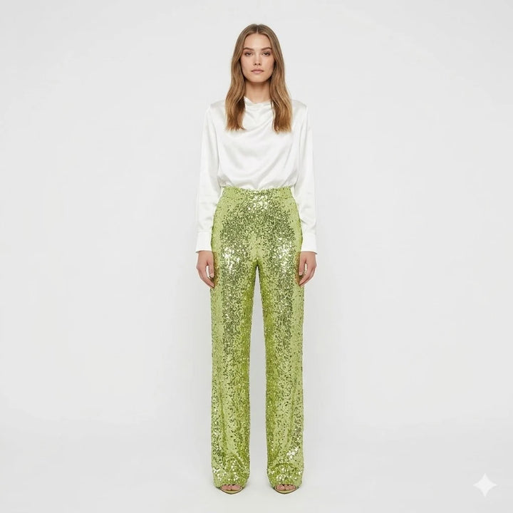 Women's sequin straight-leg party pants for women in chartreuse green with high-waist silhouette and full sequin finish