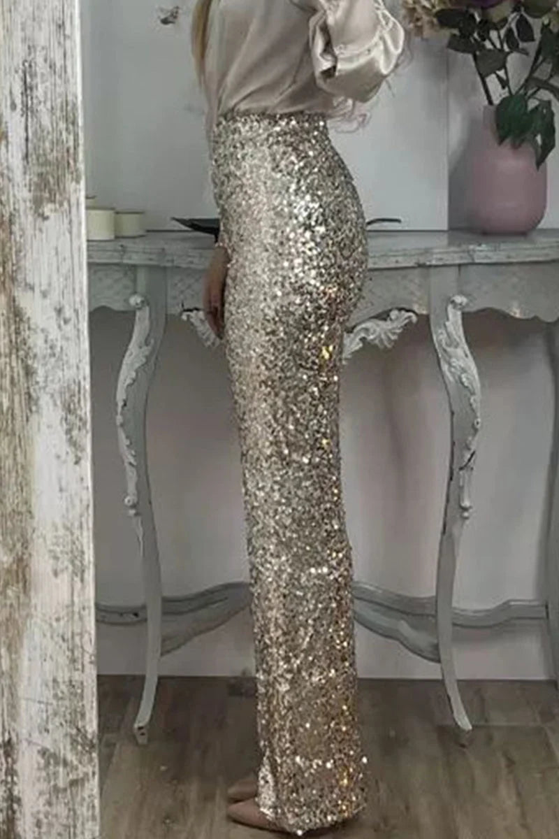 Full outfit view of women's sequin straight-leg party pants for evening wear and special occasions