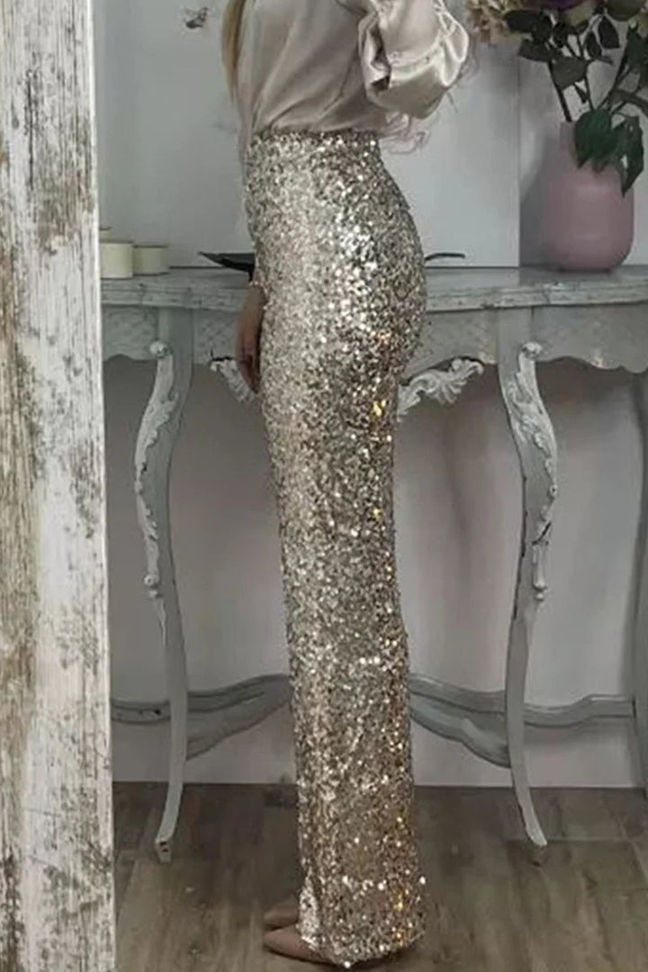 Full outfit view of women's sequin straight-leg party pants for evening wear and special occasions