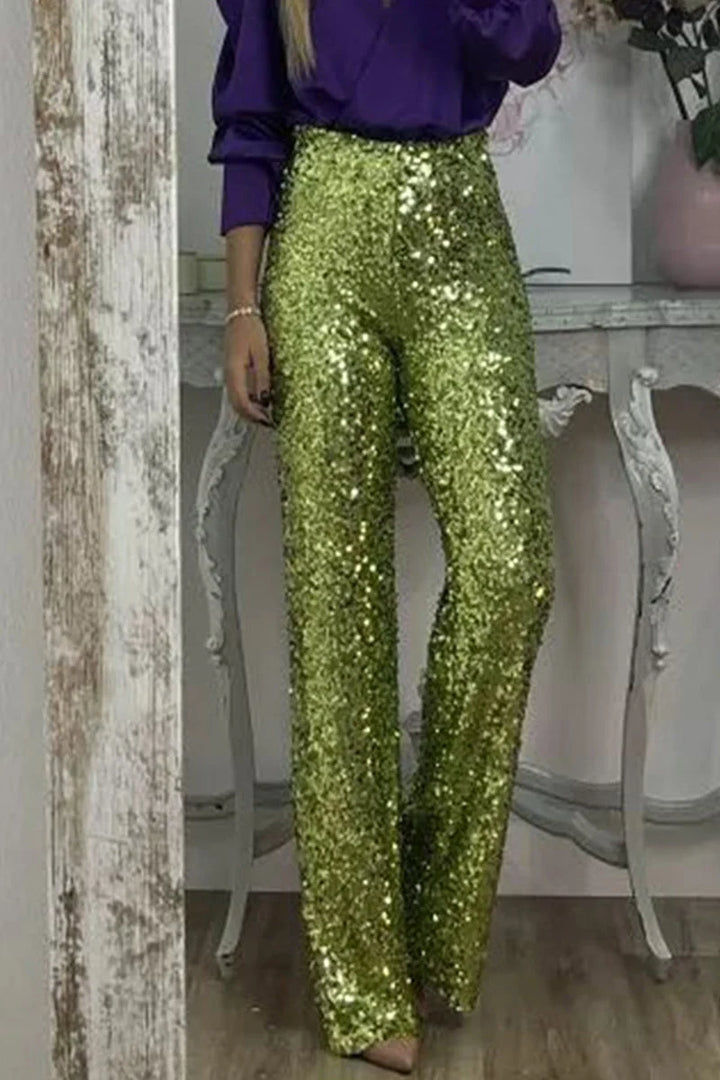 Side view of women's high-waist sequin straight-leg party pants showing flattering silhouette and modern cut