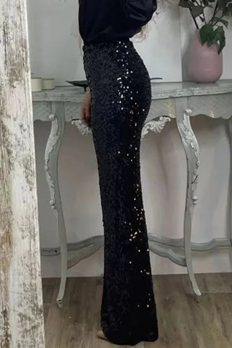 Women's sequin party pants in straight-leg cut with elastic waistband for all-day comfort