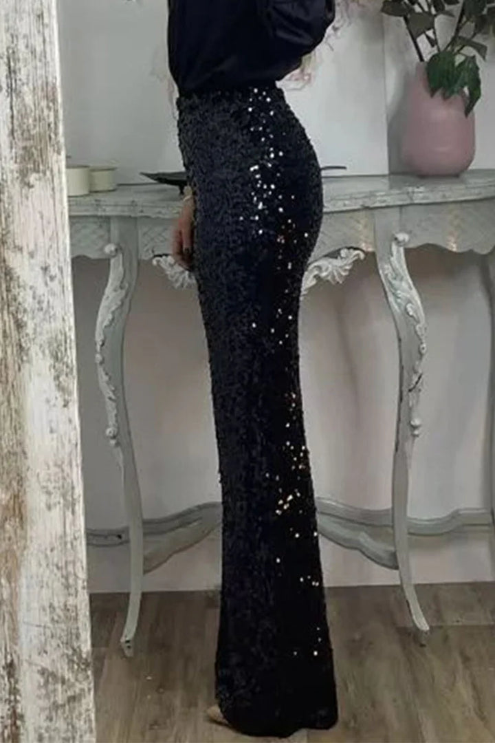 Women's sequin party pants in straight-leg cut with elastic waistband for all-day comfort