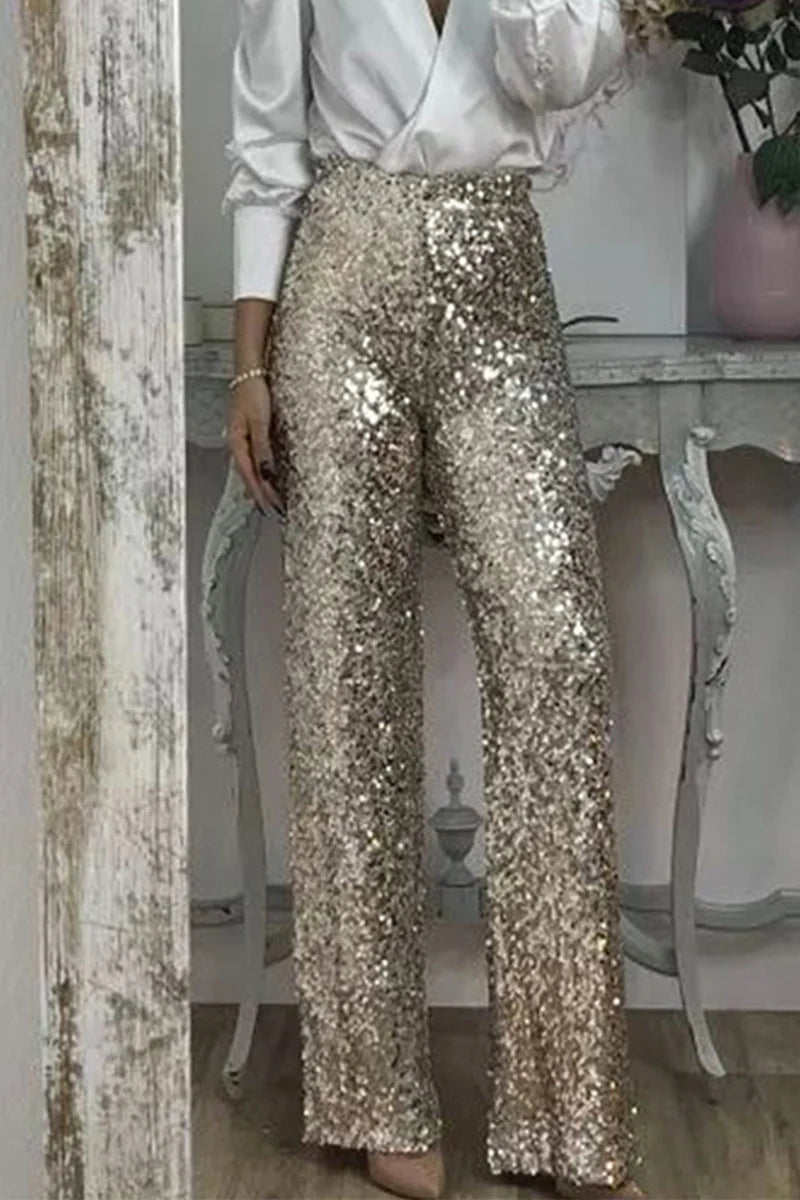 Styled look featuring women's sequin straight-leg party pants for women with fitted white top