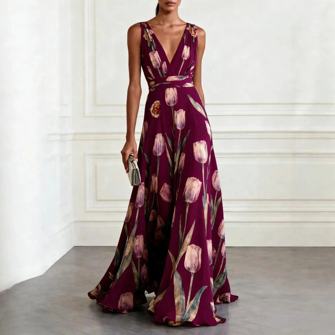 Back view of sleeveless maxi wrap dress with adjustable tie and flowing skirt