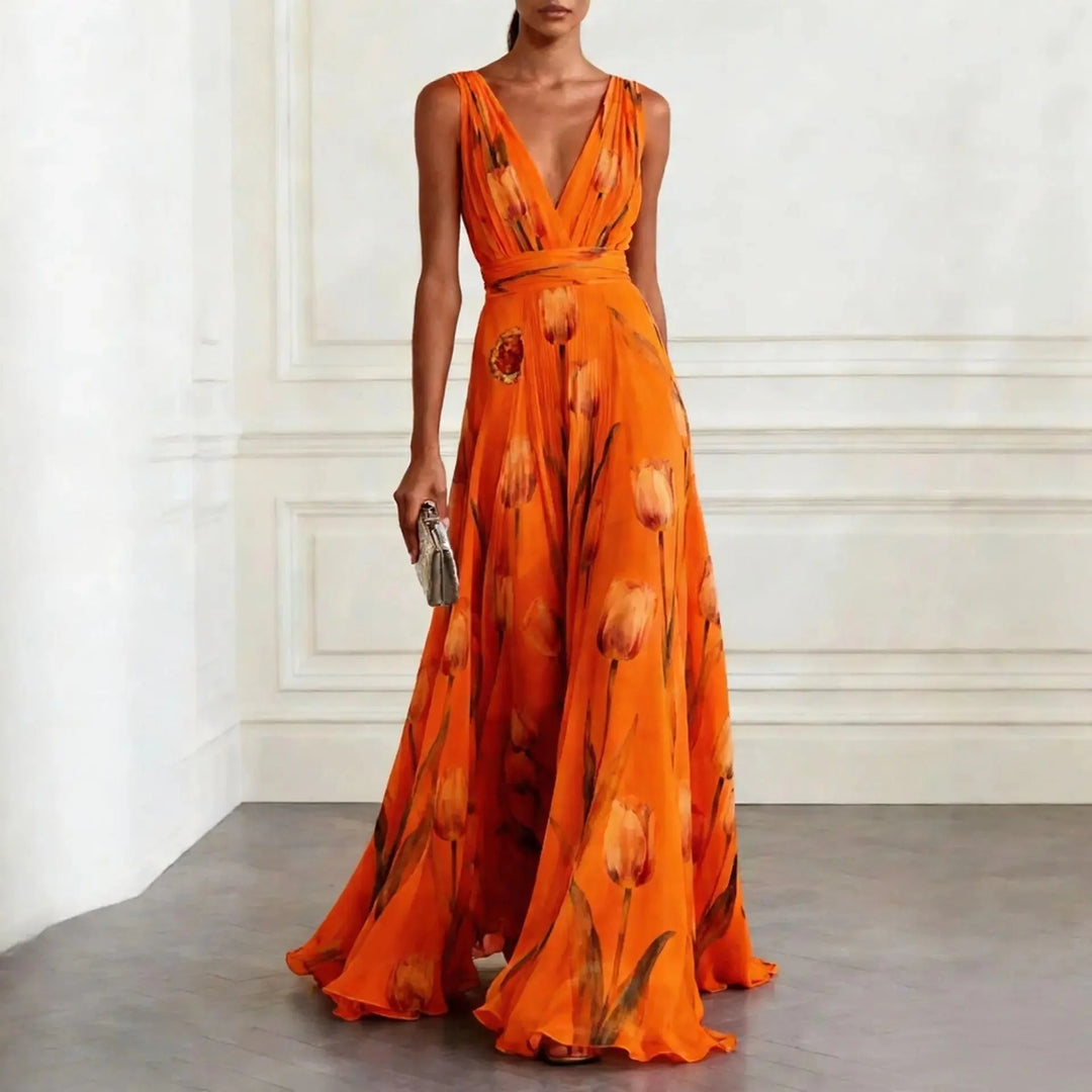 Full-length floral maxi wrap dress styled for formal occasion wear and weddings